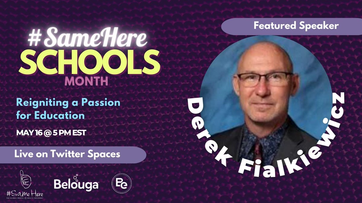 Welcoming back #SameHere Schools Month speaker
<a href="/derwood73/">Dr. Derek Fialkiewicz</a>!

Catch his session, Reigniting a Passion for Education, on May 16 @ 5PM EST.

RSVP for the session here:

x.com/i/spaces/1ypKd…
