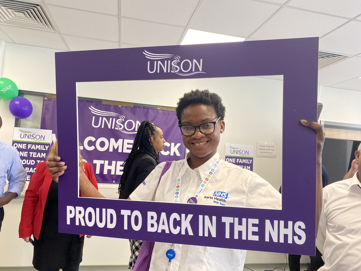 Rosieorganiser's tweet photo. Smiles all round as today we celebrated SERCO staff coming in-house at Newham Hospital! A UNISON victory of levelling up staff, as the NHS is all ONE team and should be treated as such. Great to hear from General Secretary @cmcanea and Regional Secretary @organiserjo https://t.co/faBYkANhNH