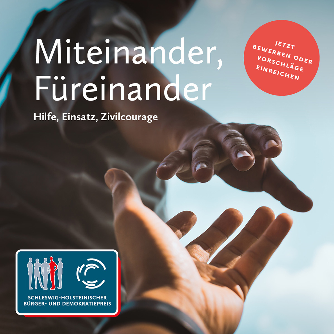 Miteinander. Füreinander: Hilfe, Einsatz, Zivilcourage. 🤝
Die Bewerbungsphase für den Bürgerpreis ist gestartet!

👉 Bis zum 30. Juni 2023  für den #BürgerpreisSH bewerben oder andere dafür vorschlagen: 
buergerpreis-schleswig-holstein.de