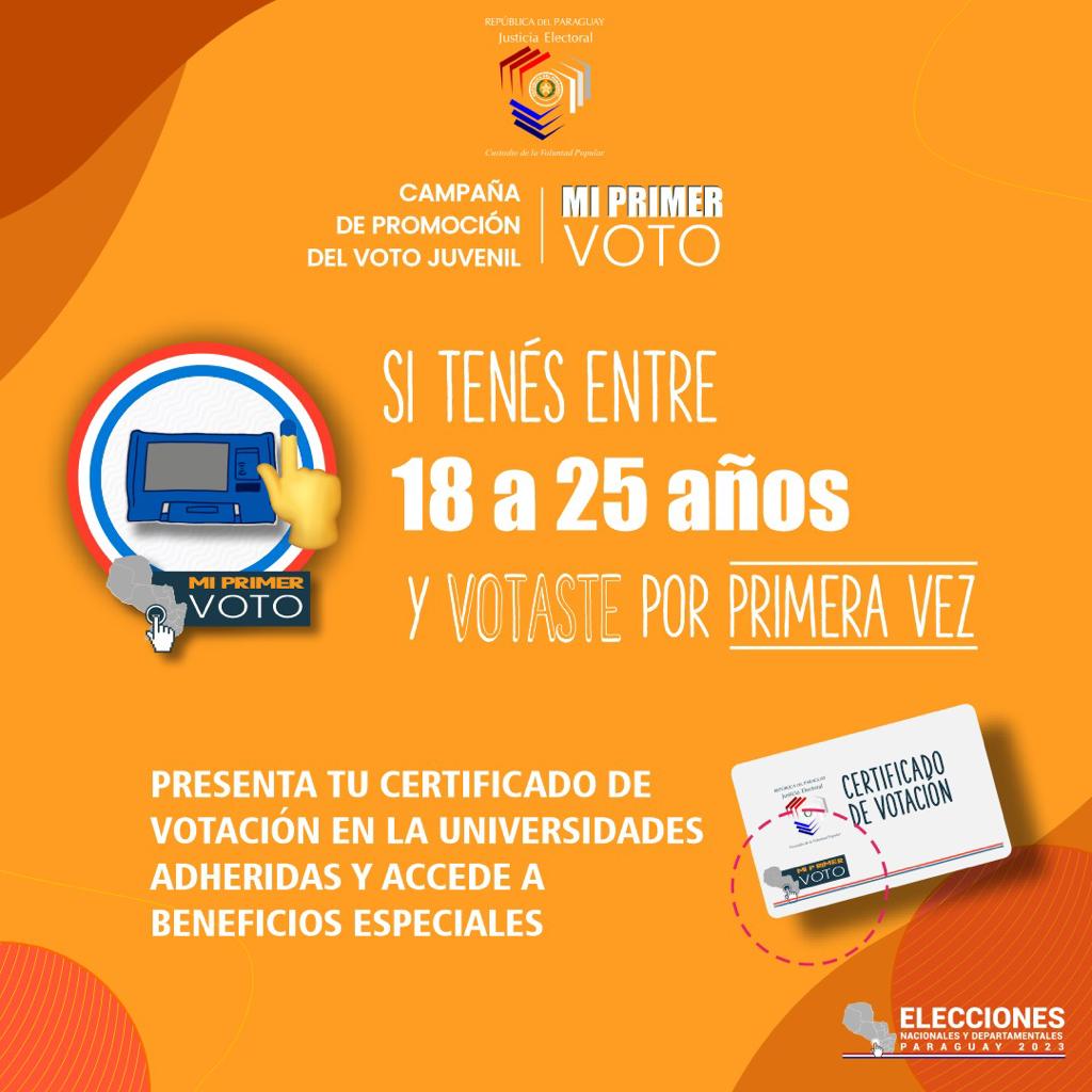 TSJE_Py's tweet photo. 👉Si votaste por primera vez el domingo 30 de abril y tenés entre 18 y 25 años.

¡Tú certificado de votación con el logo "MI PRIMER VOTO" tiene beneficios especiales, ingresá a https://t.co/DB3HHYkayU para conocer la lista de las universidades adheridas! https://t.co/6bg4WiQv2G