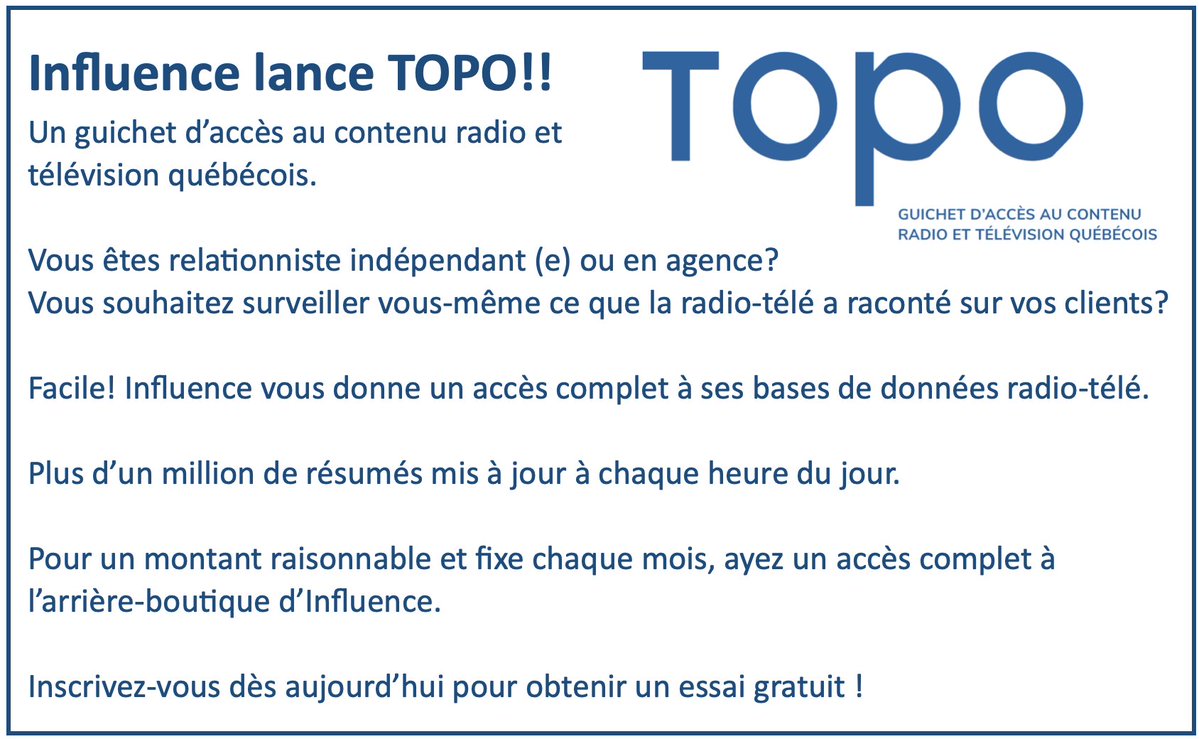 ms_fortin's tweet photo. Du nouveau chez @InfluenceComm ✨📻📽️Tellement fière de mes top collègues 🍾

TOPO, un guichet d’accès au contenu radio et télévision québécois. Destiné aux relationnistes indépendants (es) ou en agence. 

Inscrivez-vous pour un essai gratuit. 
https://t.co/77er5Lzvj0

#média https://t.co/JUg3TFvqr2