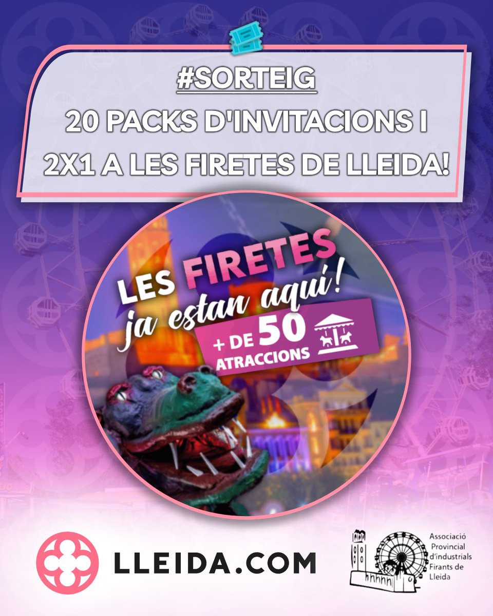 Lleidacom_ag's tweet image. 🎡 #SORTEIG | Regalem 20 PACKS de 5 INVITACIONS i 30 VALS 2x1 per a les #Firetes de #Lleida! 👇
❤️1️⃣ Like + RT
💬2️⃣ Menciona/comenta amb qui les compartiries
✅3️⃣ Segueix @Lleidacom_ag, @lleidacom i @asiflleida 
🍀Tanquem el dilluns, 8/5 (10h)
🔗Bases: lleida.com/concurs/sortei…