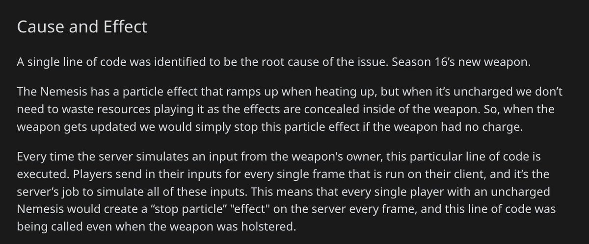 GTAlphaintel's tweet photo. Apex Legends devs have provided an explanation for the audio issues in Season 16...

It turns out it was all because of a single line of code relating to the new Nemesis AR. https://t.co/2d8Q8Qr5Tg