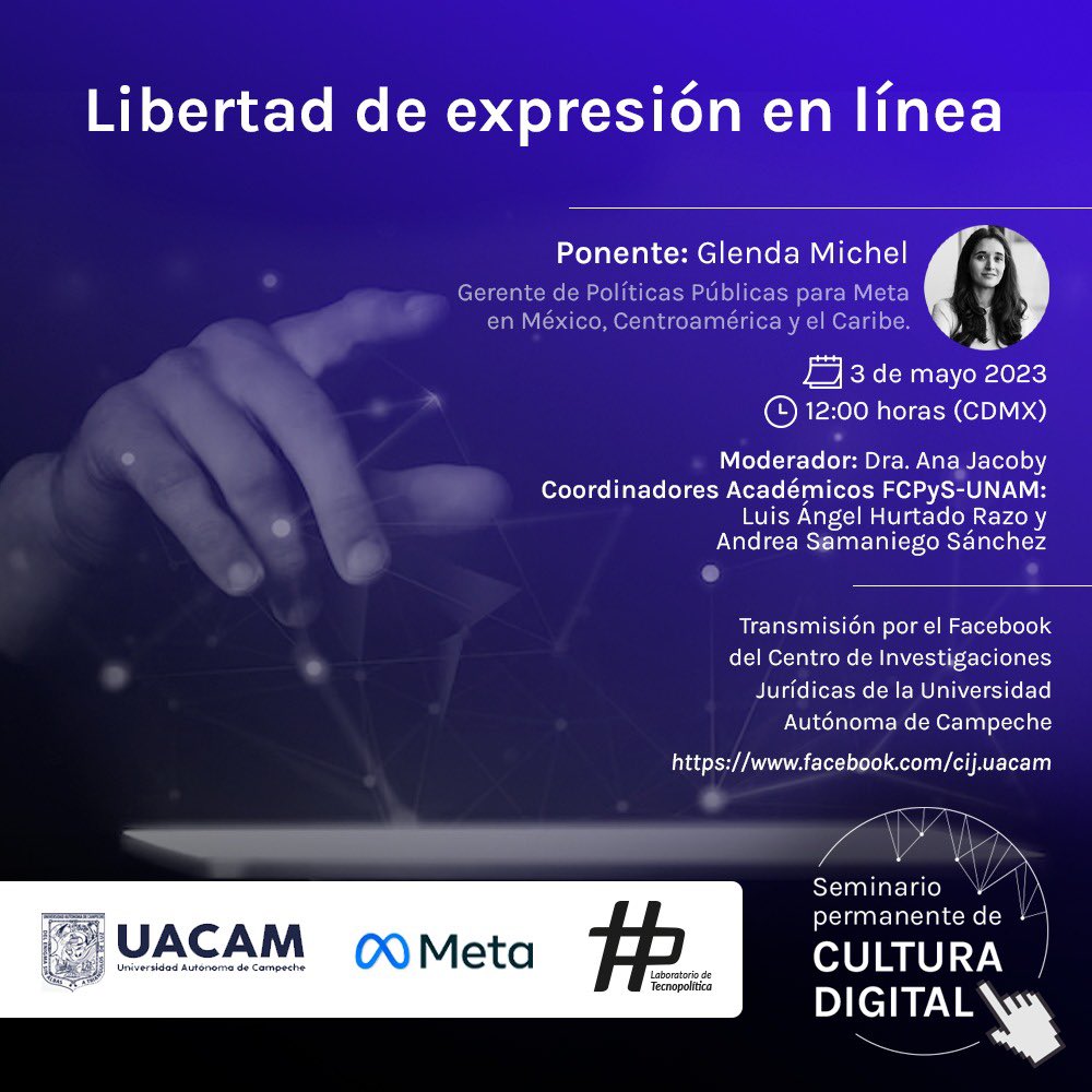 LuisHuRRa's tweet photo. Amig@s los invito a que nos acompañen a las 12 horas a la 4ta sesión del seminario permanente sobre cultura digital, en esta ocasión nos acompañará @GlendaMi de Meta quien abordará el tema de Libertad de expresión en línea, les dejó el link 👇🏽https://t.co/7l2USLdc6Q https://t.co/UdlgkBkPSw
