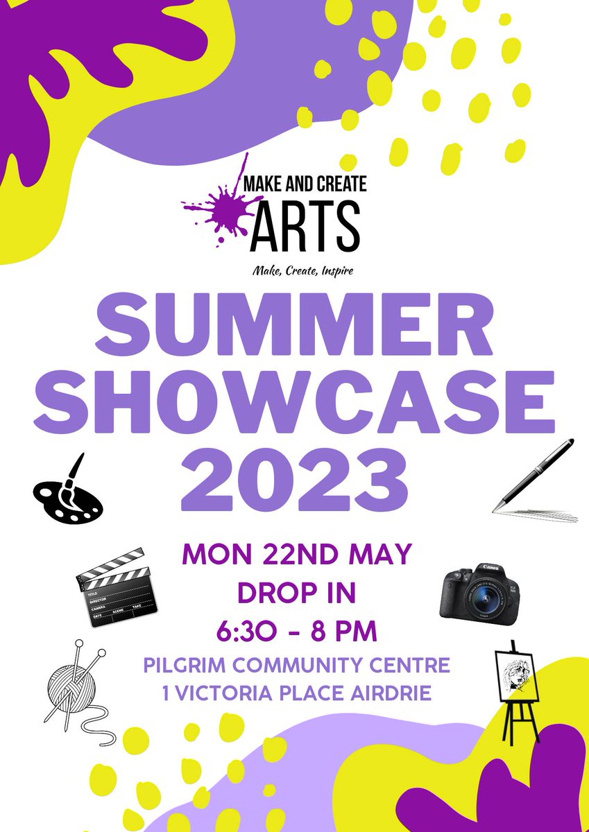 🎟 You are all invited to our Summer Showcase 2023! 🎟

Come along and view some of the amazing work that our students have been working on this term.

Date : Monday 22nd of May 
Time : 6:30 to 8:00pm 
Place : Pilgrim Community Centre, 1 Victoria Place Airdrie