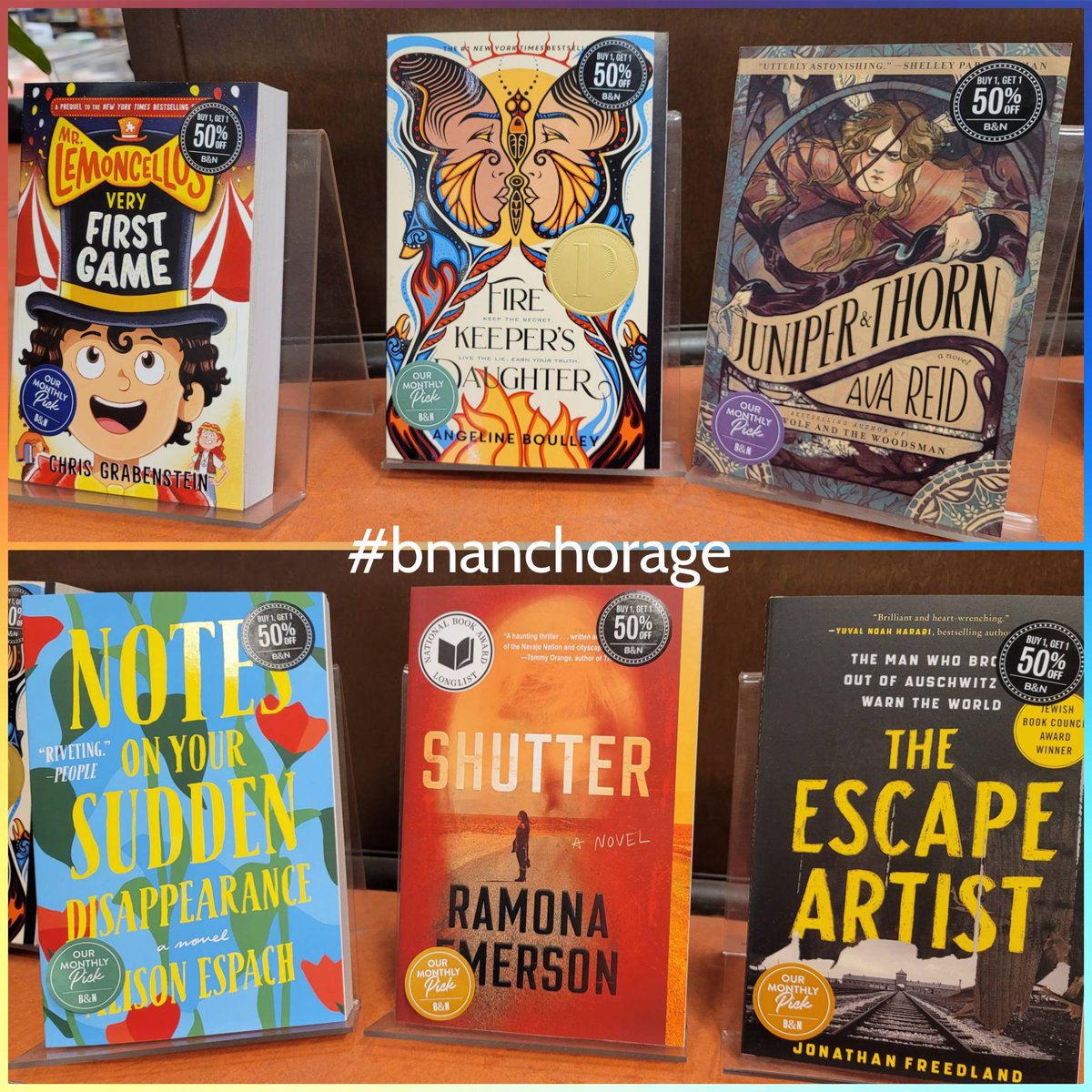 BNAnchorage's tweet photo. Check out our newest #BNPickoftheMonth titles! 
Fiction:  Notes On Your Sudden Disappearance 
Mystery: Shutter
Speculative Fiction: Juniper &amp; Thorn 
Non Fiction: The Escape Artist 
YA: Fire Keeper's Daughter 
YR:  Mr Lemoncello's Very First Game 

#bnanchorage  #bnbuzz https://t.co/5lr6t7GRTA
