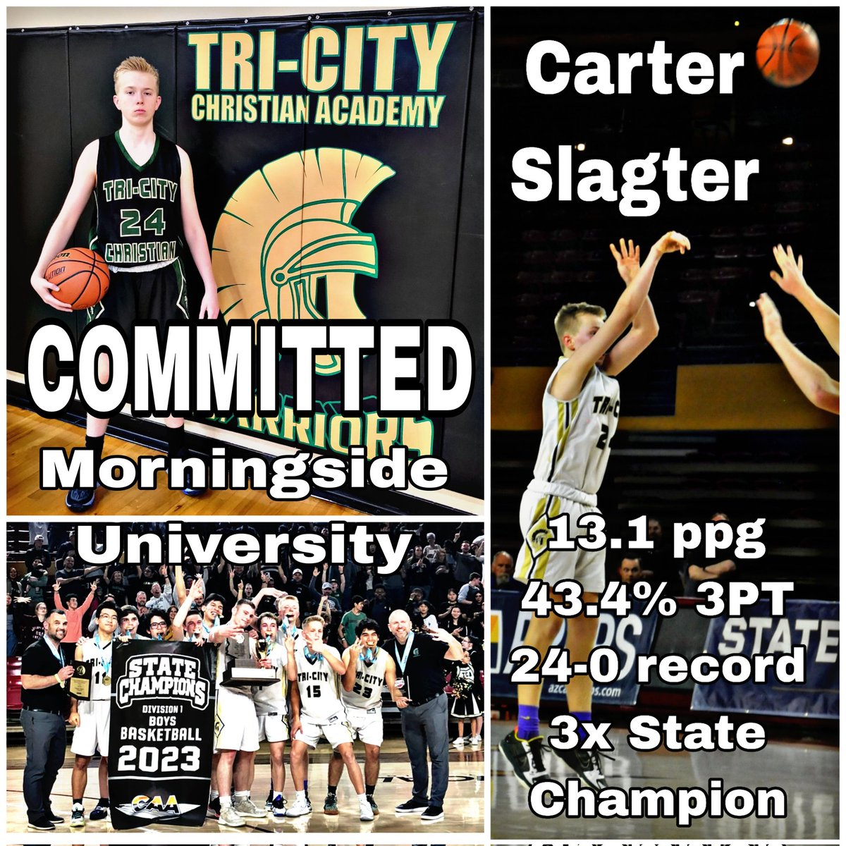 Congratulations to Tri-City Christian senior <a href="/CarterSlagter24/">Carter slagter</a> on his commitment to <a href="/MsideMBB/">Morningside University Basketball</a>! Knock down shooter, 43.4% (63-145) from 3 this season. Congrats Carter!