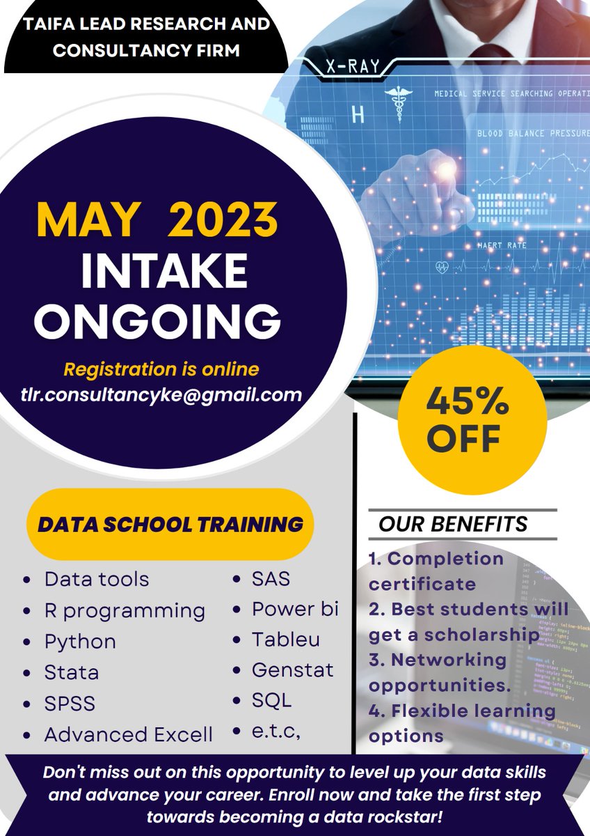 realtinega's tweet photo. Taifa lead research and consultancy firm wishes to inform you that our may 2023 intake is still on, you want to be part of the best data scientists, don't hesitate, try this affordable school. For more information call/text (+254)7 9591 3891 today https://t.co/85KgmGCIyu