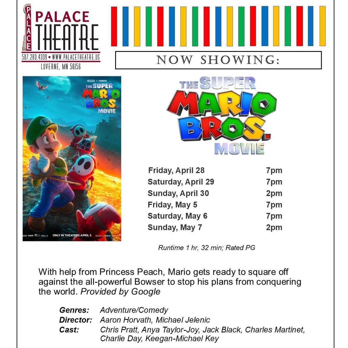 palaceluverne's tweet photo. It's a new month so it's time for our Bank Nite FREE Family movie!! Join us on Thursday at 6pm for "The Super Mario Bros Movie". The movie is also showing this weekend with regular, paid admission. Friday and Saturday at 7pm, Sunday at 2pm. #palaceevents #TheSuperMarioMovie https://t.co/x9MCTHCgj2