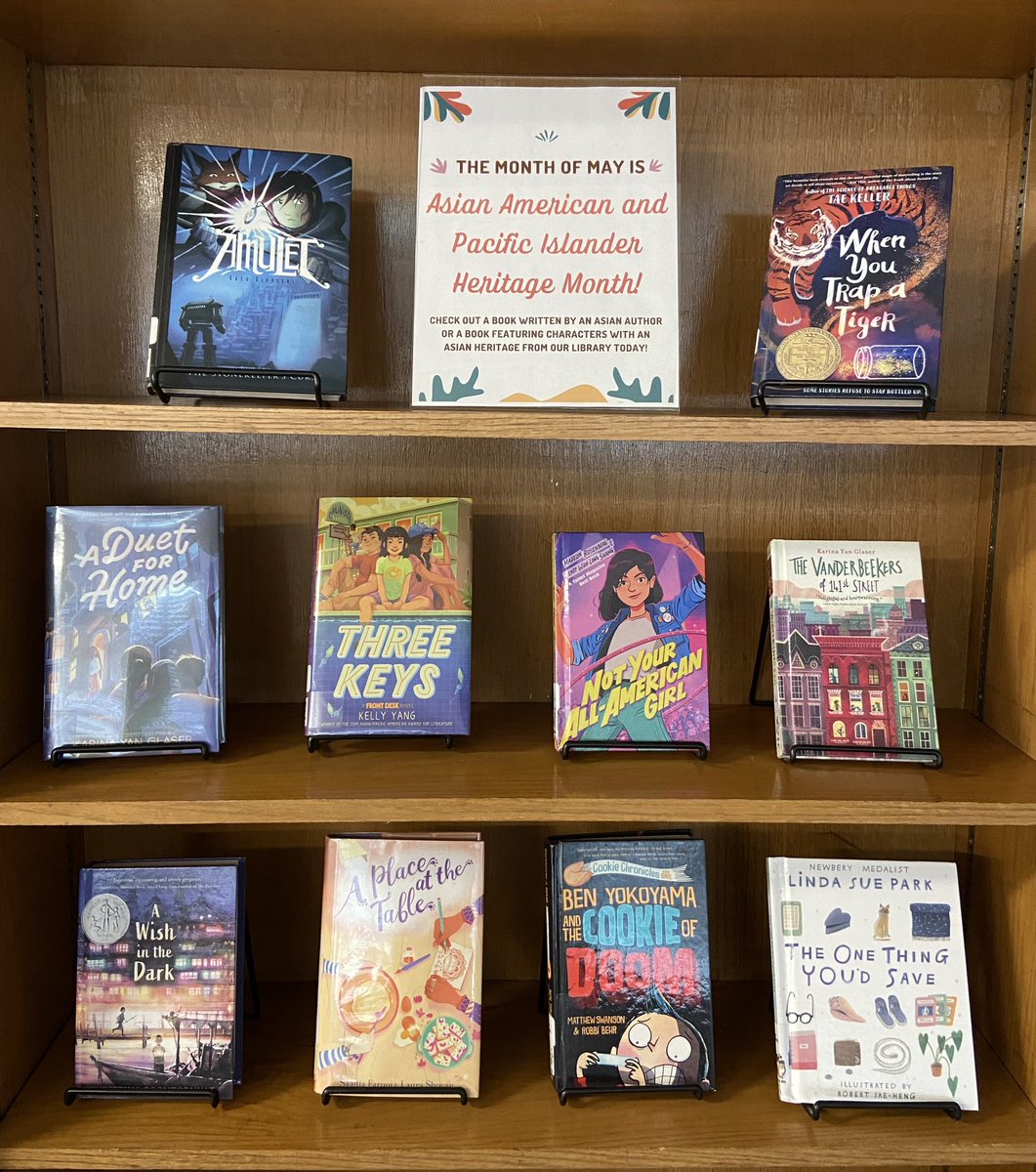 Loving our new display of fiction books near the circulation desk for AAPI Heritage Month! 💜 #bcpslms