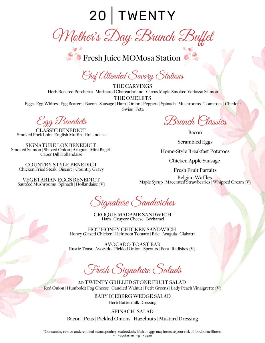 20TwentyGrill's tweet photo. Shower all the wonderful women with love at our restaurant for a delicious Mother's Day brunch!
You can also enjoy a build-your-own bouquet flower station, and to make it extra special, everyone who attends will receive a $30 gift certificate to our Ocean Pearl Spa 💗 ✨ https://t.co/XqpZzTgJtQ