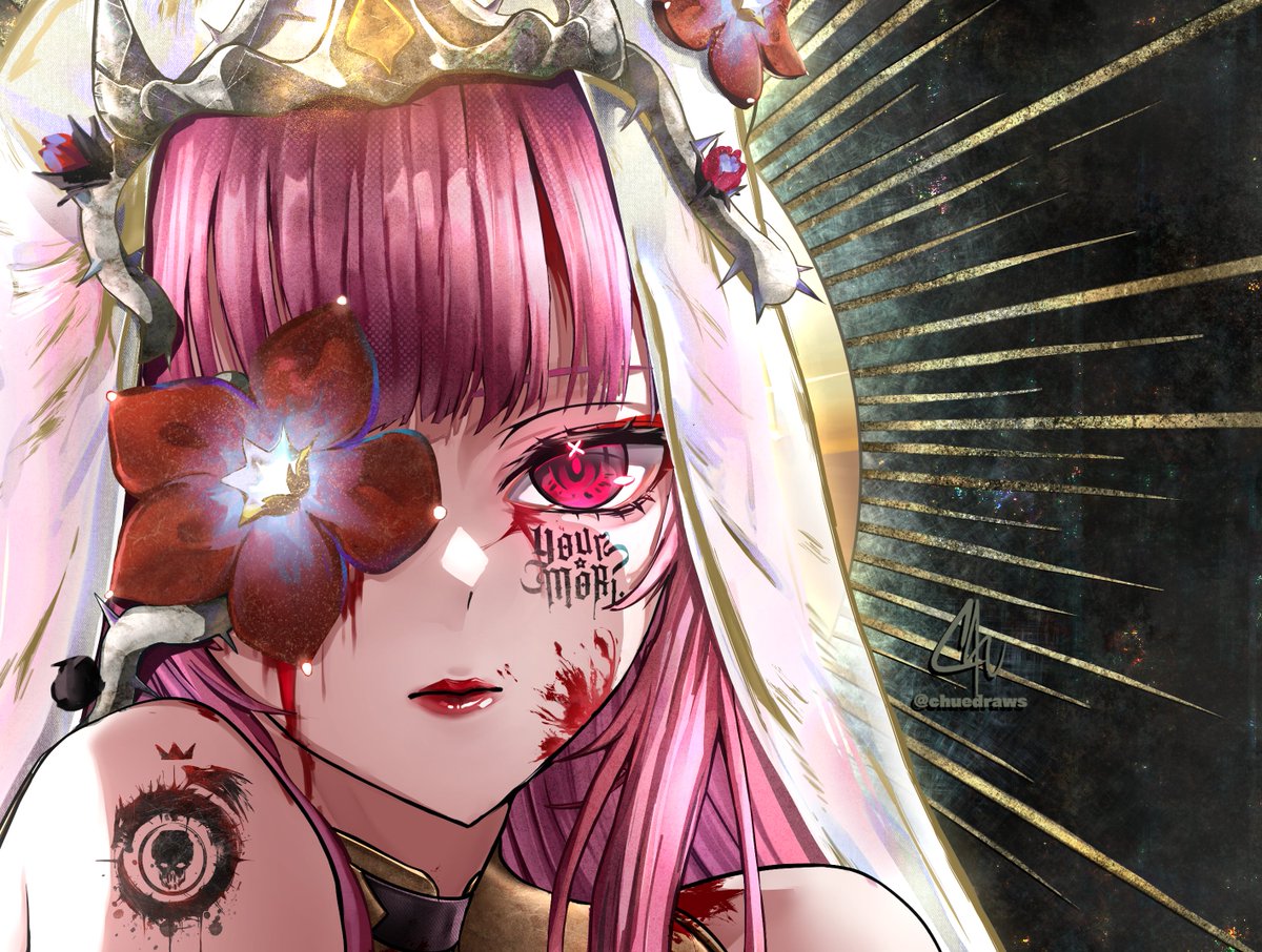 mori calliope 1girl pink hair veil flower blood blood on face solo  illustration images