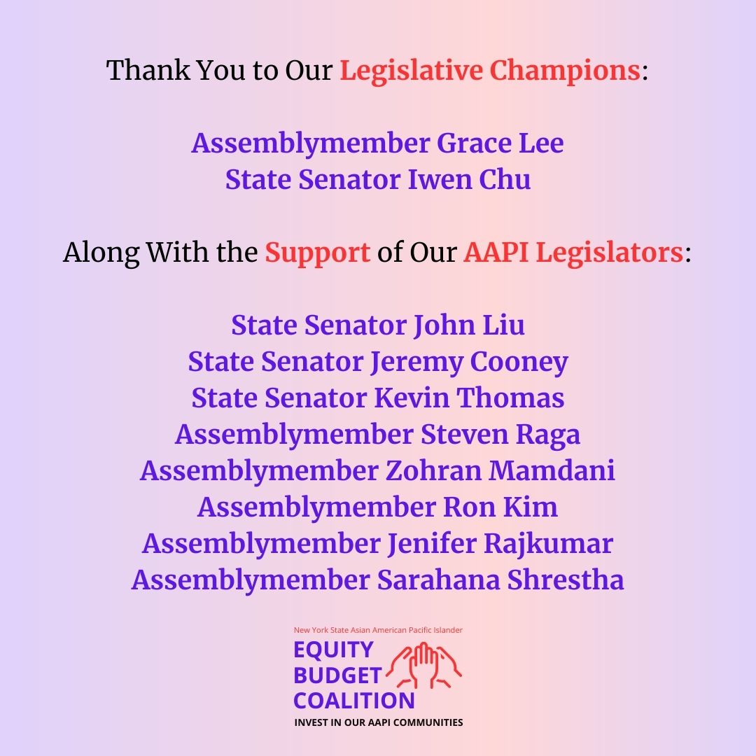 Coalition for Asian American Children and Families (@cacf) on Twitter photo Thank you <a href="/GovKathyHochul/">Governor Kathy Hochul</a>, <a href="/AndreaSCousins/">Sen. Stewart-Cousins</a>, and @CarlHeastie for guaranteeing New York's AAPI communities will be seen in the budget!
The Equity Budget Coalition joins New Yorkers across the state in celebrating this $30 million investment in our communities. Thank you <a href="/GovKathyHochul/">Governor Kathy Hochul</a>, <a href="/AndreaSCousins/">Sen. Stewart-Cousins</a>, and @CarlHeastie for guaranteeing New York's AAPI communities will be seen in the budget!
The Equity Budget Coalition joins New Yorkers across the state in celebrating this $30 million investment in our communities.