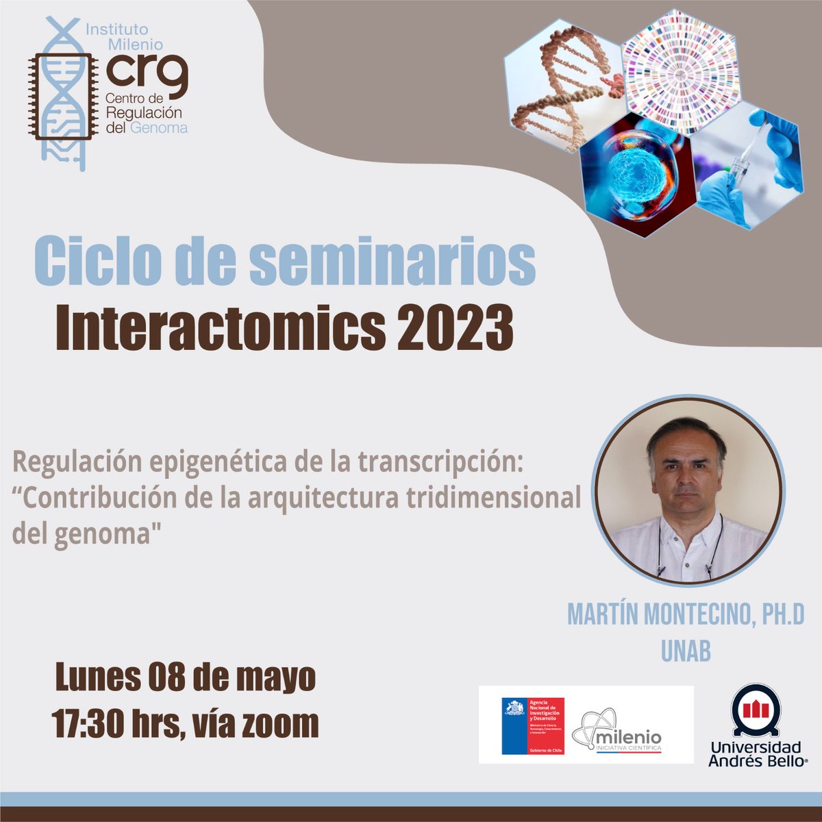 Giselle Muschett (@giselena_03) on Twitter photo Marquen sus calendarios 📅 El lunes 8 de mayo vuelven los seminarios Interactomics. Martín Montecino nos hablará sobre la regulación epigenética en la transcripción. Solicita el link de zoom a contacto@institutocrg.cl Marquen sus calendarios 📅 El lunes 8 de mayo vuelven los seminarios Interactomics. Martín Montecino nos hablará sobre la regulación epigenética en la transcripción. Solicita el link de zoom a contacto@institutocrg.cl