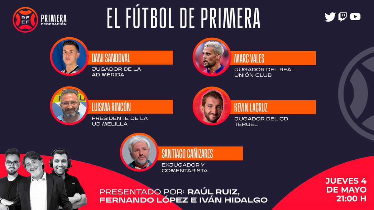 🙌🏻 ¡EL PROGRAMÓN QUE TENEMOS PREPARADO! 🙌🏻

⚽ @danielsandova63 | <a href="/Merida_AD/">A.D. Mérida</a>
⚽ <a href="/marcvg3/">Marc Vales Gonzalez</a> | <a href="/REALUNIONCIRUN/">Real Unión Club Irun</a>
📈 <a href="/LuismaRinconPer/">Luisma Rincón Pérez</a> | <a href="/UDMelilla/">Unión Deportiva Melilla</a>
📈 <a href="/KevinLacruz/">Kevin Lacruz</a> | <a href="/TeruelCd/">Club Deportivo Teruel</a>
🔝 <a href="/santicanizares/">SANTIAGO CAÑIZARES</a>

😍 Este jueves, a partir de las 21h, 10ª entrega de #ElFútbolDePrimera.

#PrimeraFederación