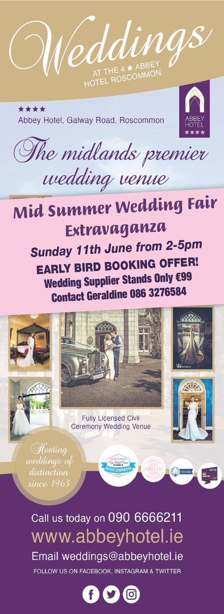 Calling all wedding suppliers in the Irish Midlands. Join us @Abbeyros for our Midsummer Wedding Fair on Sun 11th June from 2-5pm. #photographers #videographers #carhire #civilcelebrant #makeupartists #weddingcake #photobooth #weddingdecor #weddingdress #suithire BOOK NOW ✨✨✨