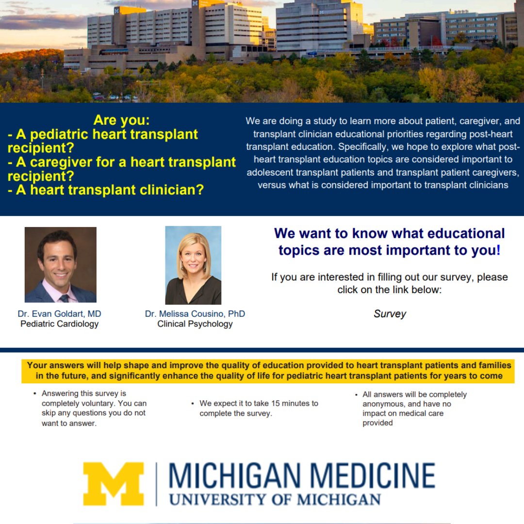 Tell @melissacousino what educational topics are important to you! Help shape and improve the quality of education provided to heart transplant patients and families. If interested, fill out the survey by clicking the link below: umichumhs.qualtrics.com/jfe/form/SV_b8…