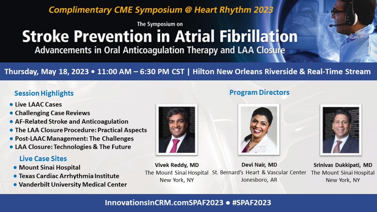 ConnectEp's tweet image. #epeeps Approaching 2 Weeks until #SPAF2023 @ #HRS2023 Join the world-renowned faculty for insightful lectures, engaging discussions, lively debate, Case Reviews &amp;amp; Live LAAC Cases from @MountSinaiHeart @tcainstitute @VUMCDiscoveries Learn more &amp;amp; register @ innovationsincrm.com/spaf2023