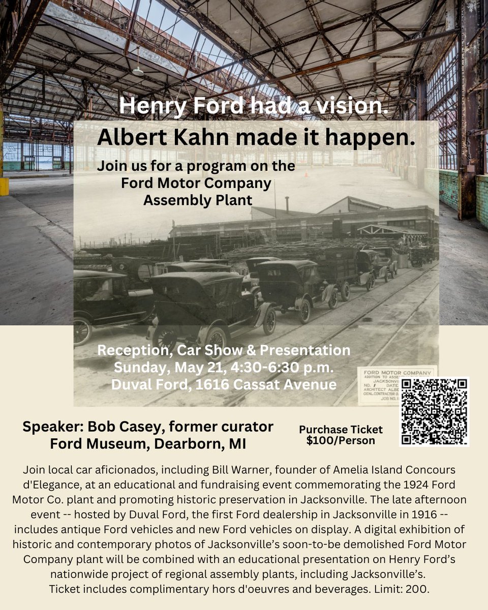 Jax_History's tweet photo. Join an exclusive group! You and 199 other car enthusiasts are invited to a special afternoon at Duval Ford on Sunday, May 21 to learn about the Ford Motor Company Assembly Plant...soon to be demolished. Tickets available at https://t.co/S5u4WF1B9W
#jaxhistory https://t.co/RLS57Qx8HH