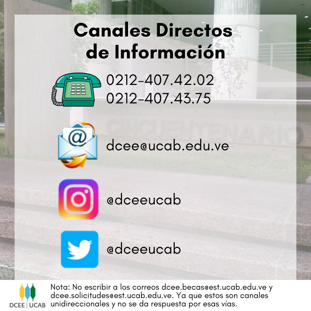 A continuación se encuentran nuestros canales directos de información. Recuerda que nos ubicamos en el edificio Cincuentenario, Mezzanina, en el horario comprendido de 8AM-12PM;1PM-5PM.
