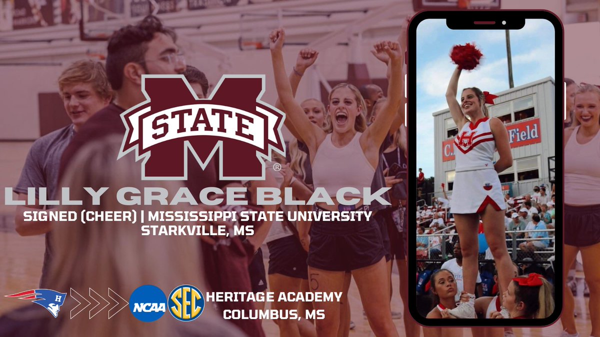 Heritage Academy Athletics | HSN (@hapatriotsports) on Twitter photo Congrats to <a href="/HAPatriots/">Heritage Academy</a> Senior Lilly Grace Black who signed this morning to cheer at Mississippi State University (<a href="/HailStateSpirit/">Mississippi State Spirit Squads</a>)! We're so proud of her and we know how hard she's worked to have the opportunity to continue her education and cheer career at the next level! Congrats to <a href="/HAPatriots/">Heritage Academy</a> Senior Lilly Grace Black who signed this morning to cheer at Mississippi State University (<a href="/HailStateSpirit/">Mississippi State Spirit Squads</a>)! We're so proud of her and we know how hard she's worked to have the opportunity to continue her education and cheer career at the next level!