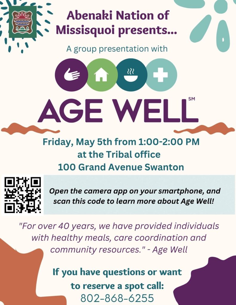 AgeWellVT's tweet photo. Tomorrow, find Age Well at Abenaki Nation Tribal office in Swanton from 1-2pm. We will be there sharing information about our free programs and services. 

https://t.co/mu2E2HucOB

#VT #SwantonVT #AbenakiNation https://t.co/sKkRDWjWLm