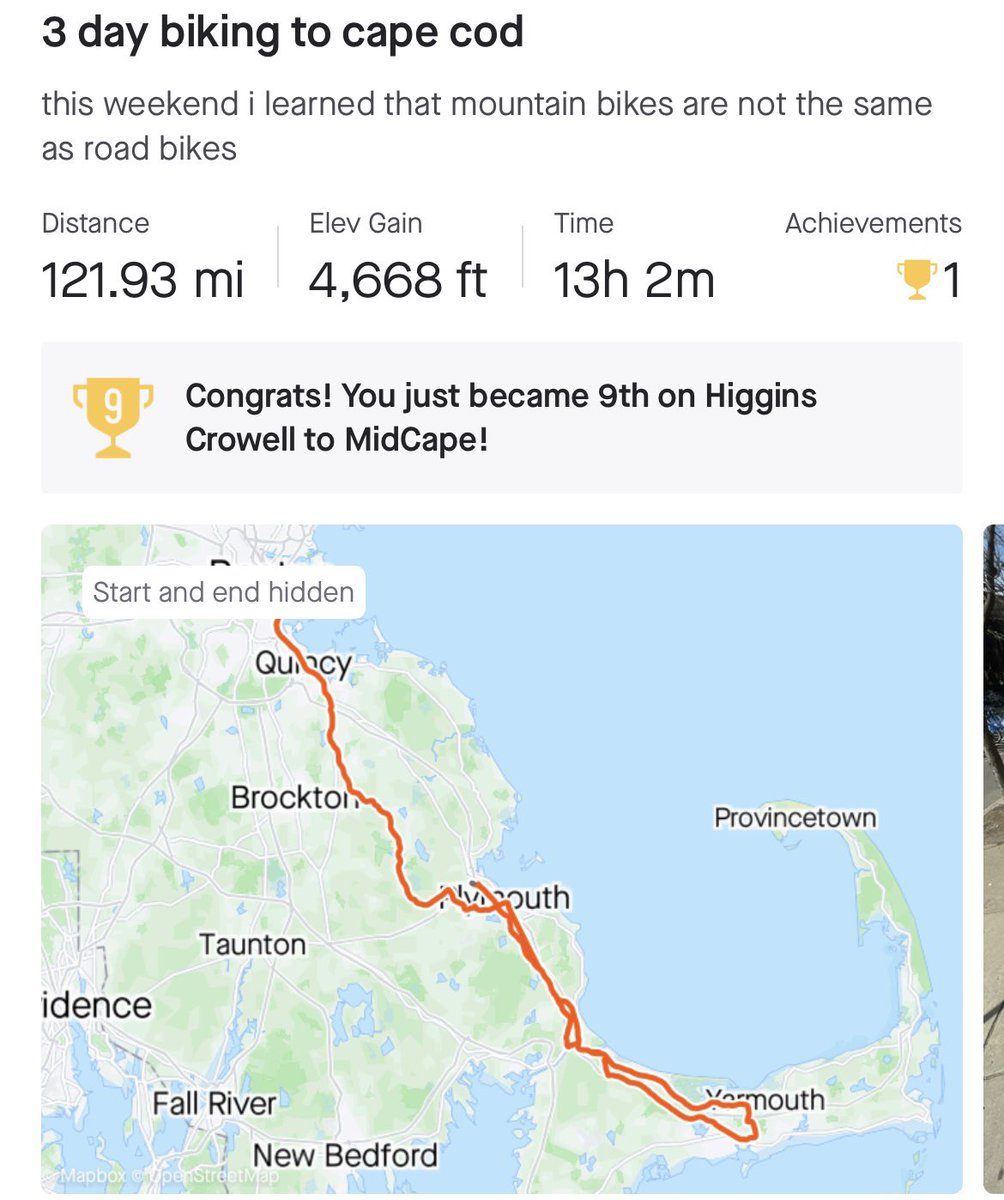 apparently biking 40 miles on a mountain bike is the same effort as 100 on a road bike (didn’t realize until i struggled thru this trip)