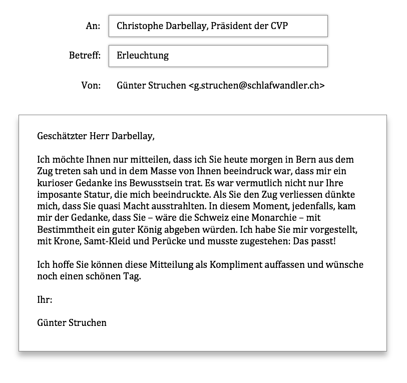gstruchen's tweet photo. Als ich vor langer Zeit im Zug @C_Darbellay  begegnete, überfiel mich eine Vision – wie ein Heide den Wanderprediger – die mich nicht mehr losliess. Herr Darbellay, erinnern Sie sich an das Versprechen? Bei einer Krönung zum Prinz von Martigny sitze ich in der ersten Reihe‽ https://t.co/LENQCXnGUQ