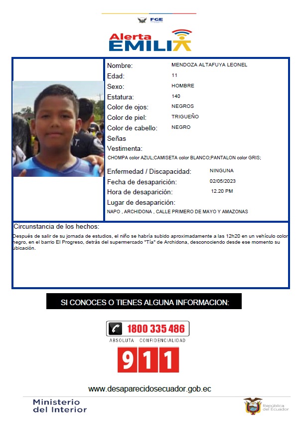 ecuainm_oficial's tweet photo. ‼️#URGENTE
@PoliciaEcuador y @FiscaliaEcuador  activan Alerta Emilia ante la desaparición de Leonel Mendoza, de 11 años. Se lo vio por última vez en #Archidona. https://t.co/g07fbnAN0Q