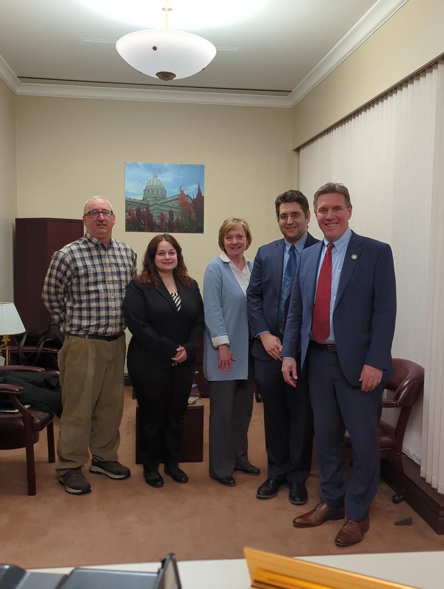 PennFuture's tweet photo. PA Clean Water Education Week continues with state legislator meetings. From left to right: Bobby Hughes, EPCAMR, Emily Baldauff, @TroutUnlimited, Tracey DePasquale, @LAMPaADVOCACY, Michael Mehrazar, PennFuture, & @RepTakac. #pacleanwaterweek https://t.co/NFMsej1m5w