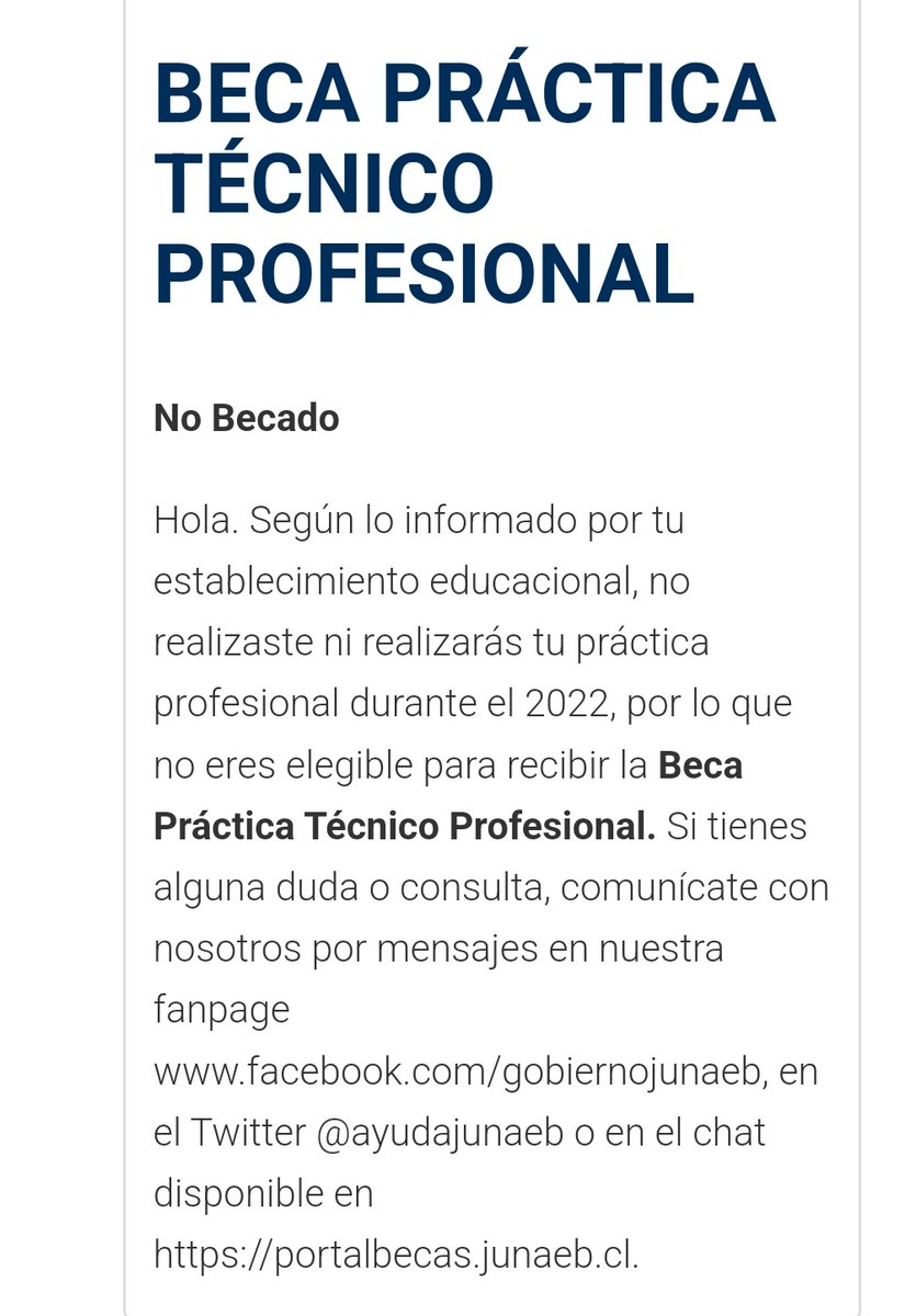 Beluu15__'s tweet photo. @ayudaJUNAEB Hola! Ayer me metí a ver los resultados de las becas y me aparece esto, no entiendo ya que yo si realicé mi práctica y mi profesor estaba informado😟 https://t.co/H0d2i3NbZB