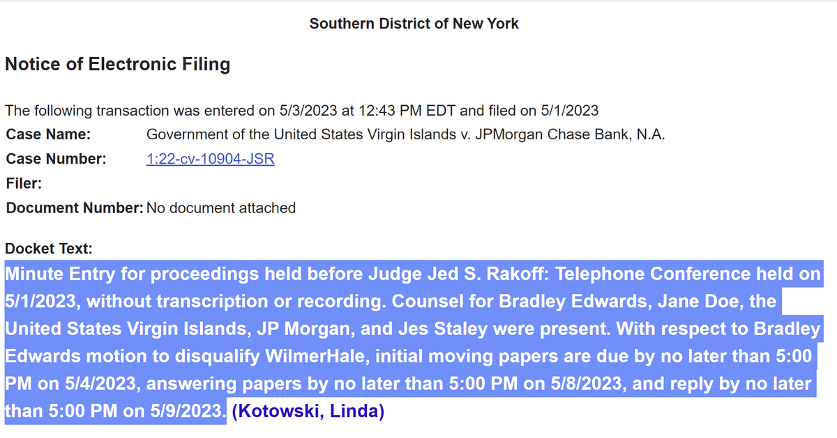 innercitypress's tweet photo. In the Epstein victims'case(s) against JPMorgan Chase, now a briefing schedule on plaintiffs' counsel's request to disqualify WilmerHale law firm. Inner City Press will cover it, #MaximumMaxwell https://t.co/CpIlbgDQlr https://t.co/zDGbnUnO5I