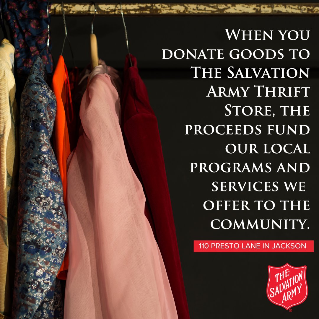 When you donate goods to The Salvation Army Thrift Store, the proceeds fund our local programs and services we offer to the community. Donate and shop with us today! 110 Presto Lane in Jackson. 
#TheSalvationArmy #TheSalvationArmyJXN #FamilyStore #ThriftStore