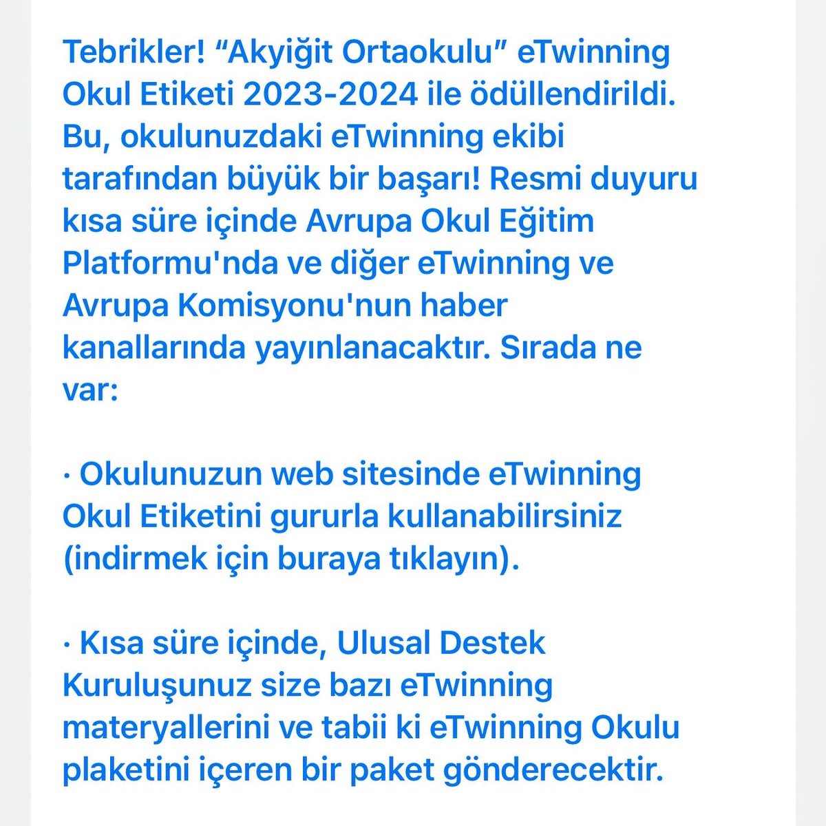 ETwinning okulu olduk 🥳🤩Okulumuzda yürütülen başarılı eTwinning proje faaliyetleri, işbirlikli çalışmalar, güvenli internet kullanımı ve kurulan çok uluslu ortaklıklar sonucunda okulumuz "Twinning Okulu Etiketi (eTwinning School Label)" ile ödüllendirilmistir.
@bagcilarilcemem
