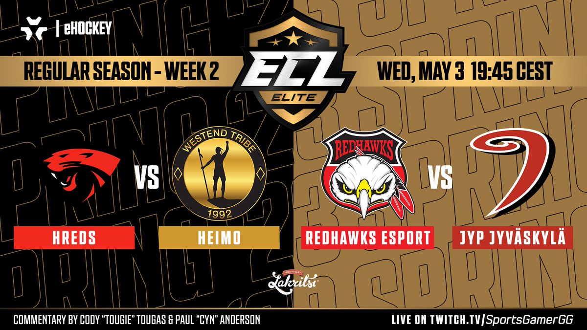 We're LIVE! 🔴

📺 twitch.tv/SportsGamerGG
🎙️ <a href="/Tougie24/">Tougie24</a> &amp; <a href="/CynFtWProd/">Cyn</a> 

😼 <a href="/hredsofficial/">hREDS</a> vs <a href="/HeimoEsports/">Heimo Esports</a> 🙋‍♂️
🦅 <a href="/RedhawksEsport/">Redhawks Esport</a> vs <a href="/JYP_Esports/">JYP Jyväskylä Esports</a> 🌪️

#NHL23 #esports #eHockey #kouvolanlakritsi #ECL23Spring