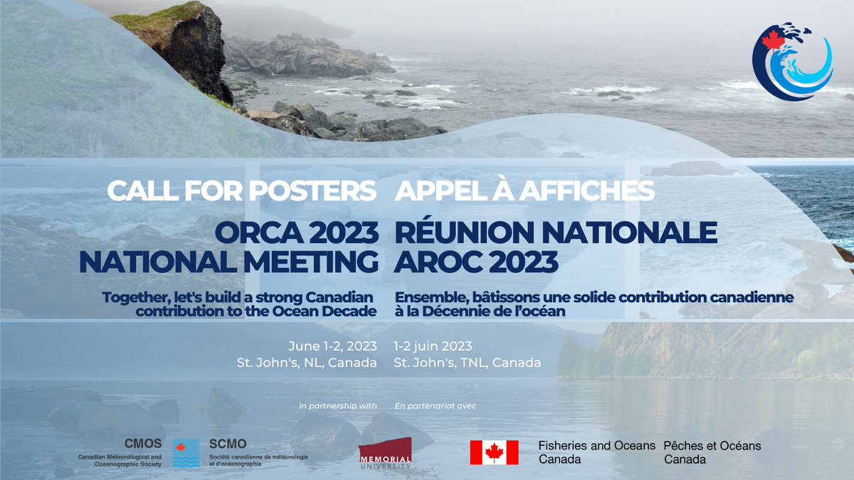 CanOceanSci's tweet photo. Have you sent us your poster for #ORCA2023 yet? 👀
The Call for Posters is OPEN until Friday, May 5, 2023!
💻https://t.co/oIQZ53Jb1j

Avez-vous déjà envoyé votre affiche pour #AROC2023 ? 👀
L'appel à posters est OUVERT jusqu'au vendredi 5 mai 2023 !
💻https://t.co/TTE7scTO7X https://t.co/DxUIktcBsE
