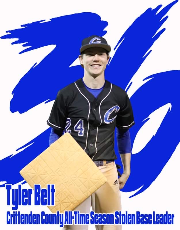 Let's hear it for our Rocket! Junior Tyler Belt set the single-season stolen base record at Monday night's baseball game against Webster County. The previous record (35) was held by Matt Jent in 2000. Tyler surpassed that with 36 on Monday night.