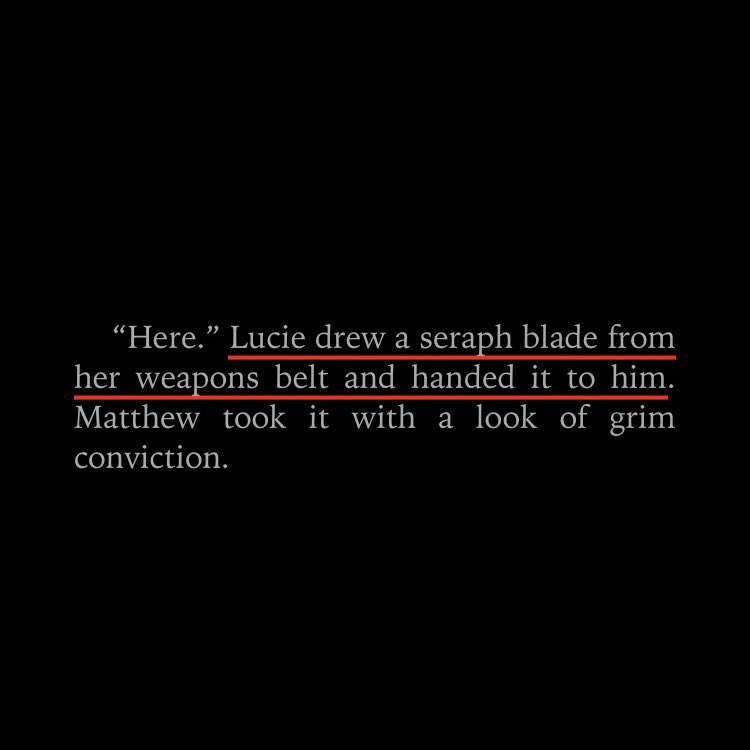 matthew giving lucie a weapon for the first fight of the first book of the series vs lucie giving matthew a weapon for the last fight of the last book