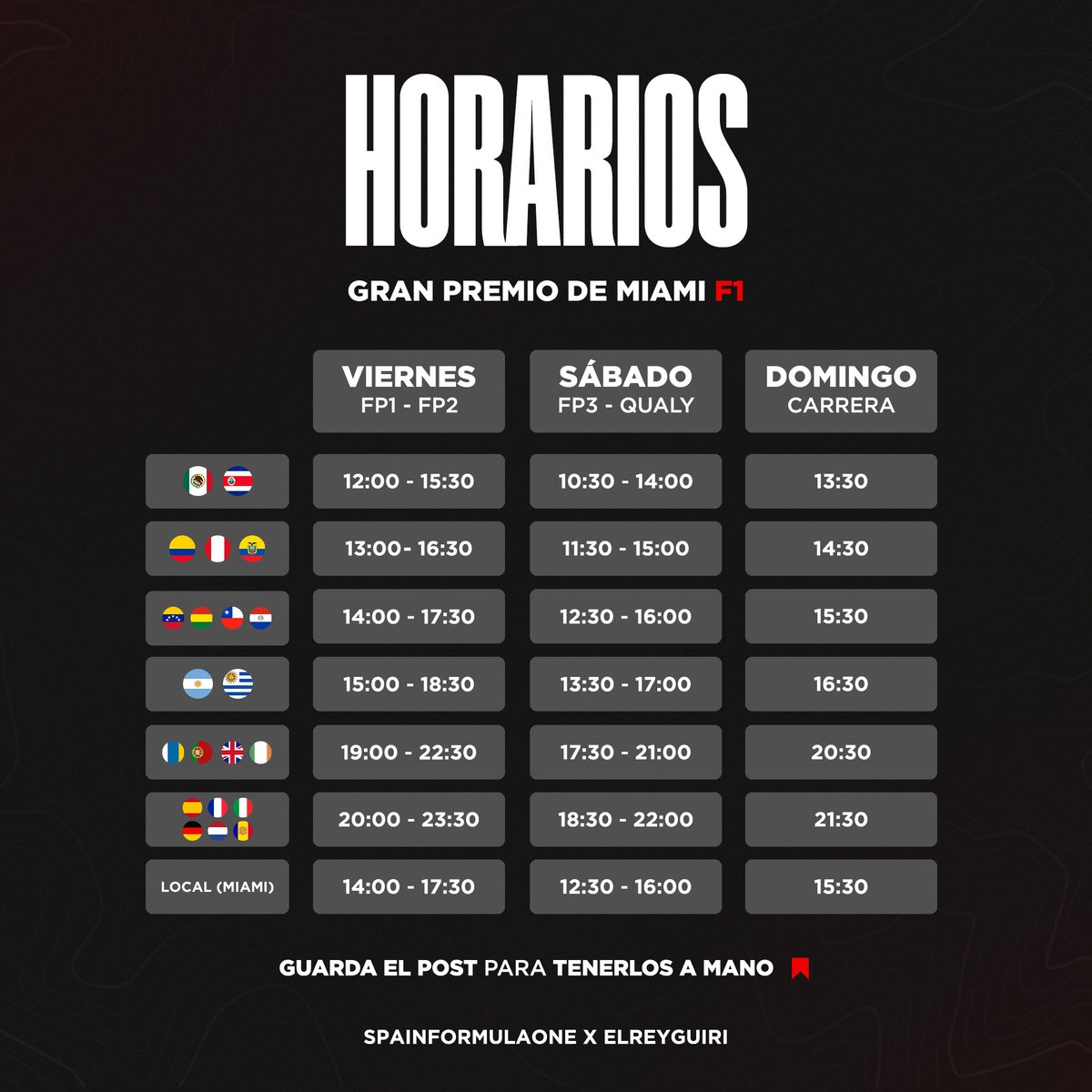 ElReyGuiri's tweet photo. 🚨 HORARIOS GP Miami

Horarios nocturnos en Europa, de tarde en América.

🤝 @spainformulaone 

¡Dale RT para que nadie se pierda nada! https://t.co/OIKjo0ETff
