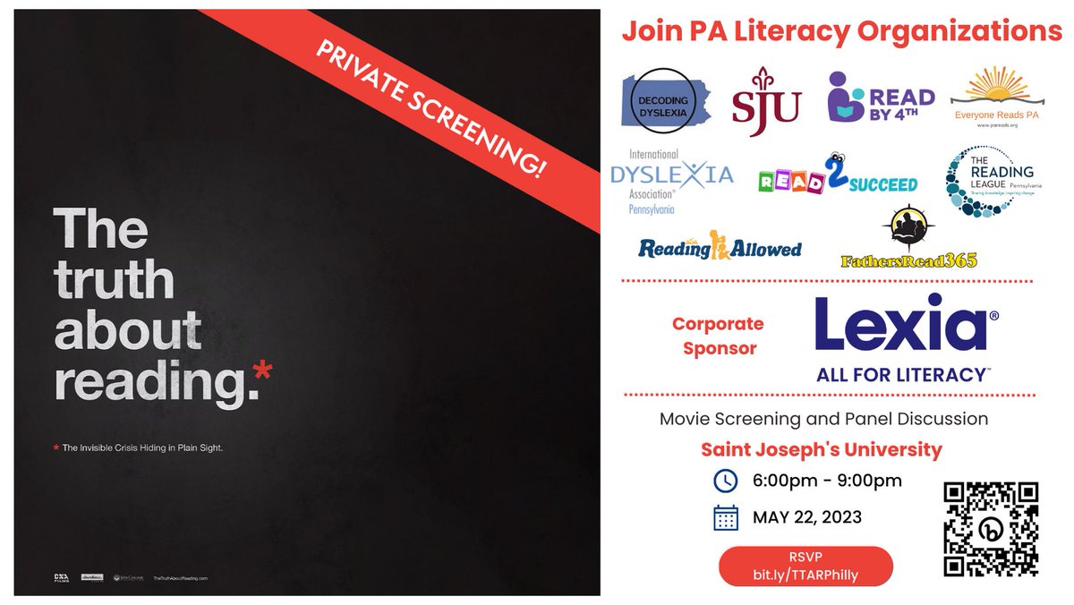 Join
@PaBranchIDA 
@Readby4th 
@SJU_literacy 
@readtosucceed 
@liv2learn 
@ReadingLeaguePA 
@AllowedPhilly 
@DDPA_12 
@LexiaLearning For a private screening of @truthabout2023 and panel discussion at Saint Joseph’s U. On 5/22/2023 @ 6:00 PM.
Sing up here: bit.ly/TTARPhilly