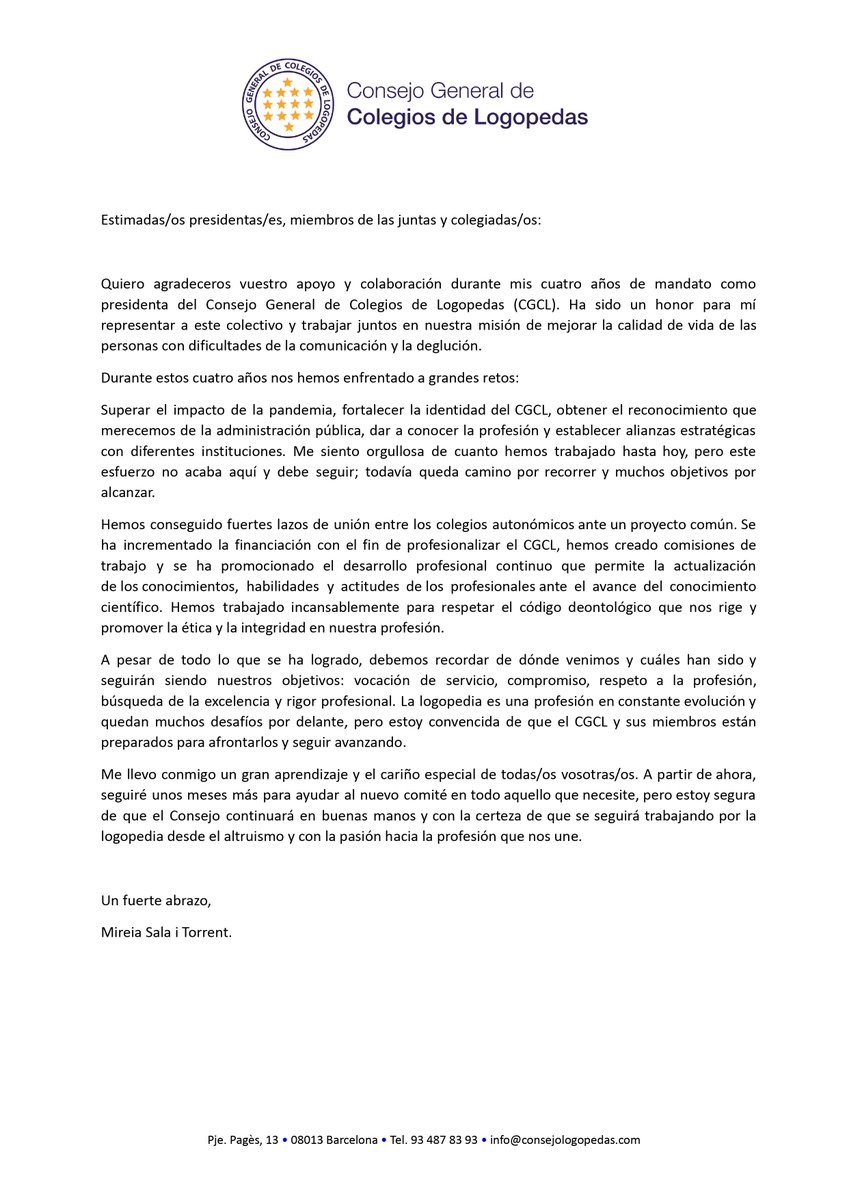 📃Carta de despedida como presidenta de Mireia Sala Torrent: sincero homenaje a todos los hitos logrados en beneficio de la logopedia
👩🏻‍💼👩🏻‍💻Desde el CGCL agradecemos todo el esfuerzo realizado en sus 4 años de mandato: 2019-2023
👏🏼Le deseamos lo mejor en esta nueva etapa de su vida
