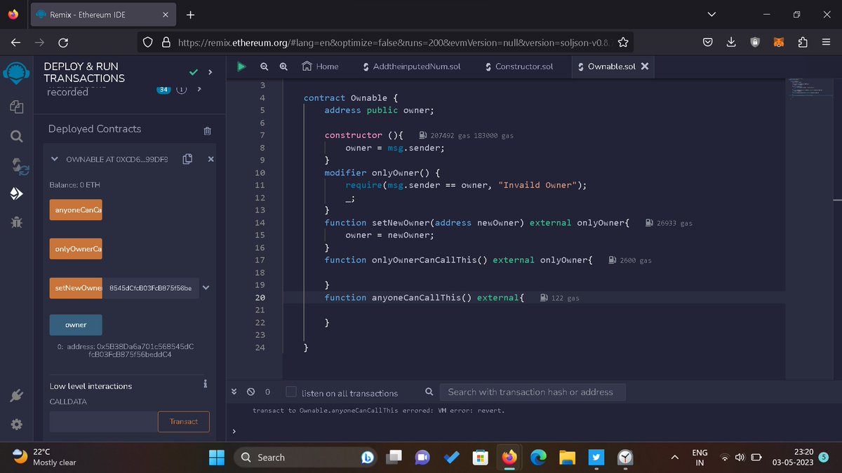 gulshanweb3's tweet image. Day 3 of #30DaysofSolidityLW3 w/
@LearnWeb3DAO 
1. Function Modifier ;
2. Constructor ;
3. A contract where, only owner can set new owner ;