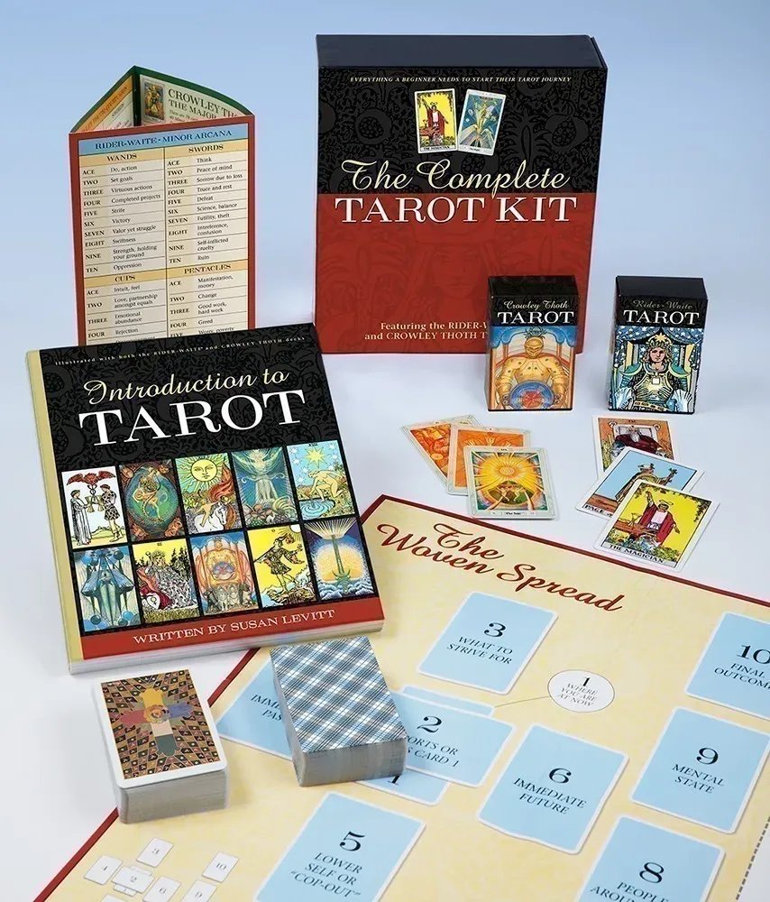 The Complete Tarot Kit:
Everything a beginner needs to start their tarot journey.

Includes 2 decks!
• Pocket #RiderWaite Tarot Deck
• Pocket Crowley Thoth Tarot Deck
• Introduction to Tarot book by @SusanLevitt 
• 'The Woven Spread' Spread Sheet
• Stand-up Reference Chart