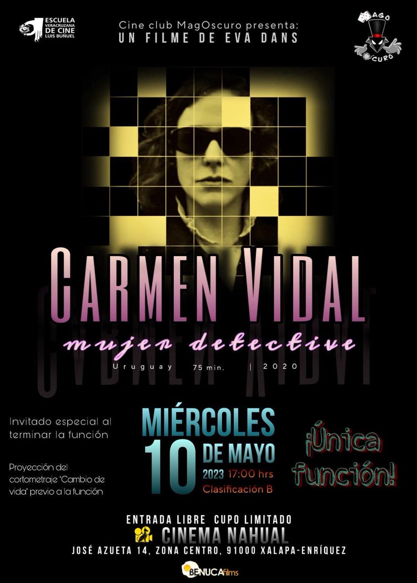 BenucaFilms's tweet photo. Nos da mucha alegría esta sinergia con Cine Club MagOscuro, en #Xalapa, para la función especial de CARMEN VIDAL MUJER DETECTIVE, de @EvaCorpHoy, este 10 de mayo.

La cita es con nuestros amigos de @CinemaNahual 

#CarmenVidal #CarmenVidalMD #MujerDetective https://t.co/llVfepbQ5H