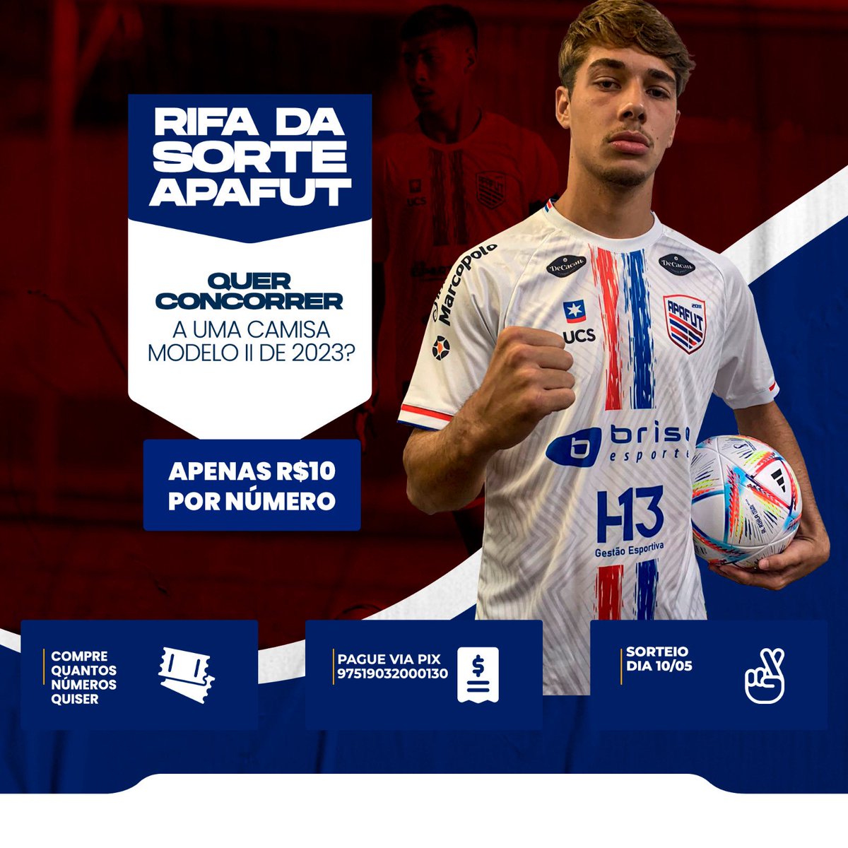 apafutoficial's tweet photo. Para participar do sorteio, compre um número de R$ 10,00 pelo Pix Apafut (CNPJ): 97519032000130 e envie o comprovante para nosso whats: (54) 99134-8163 . 
O modelo é a camisa de número 2 da APA oficial de jogo para a temporada 2023 produzida pela Bull Brazil 🔥 https://t.co/ETp4y4e3wU