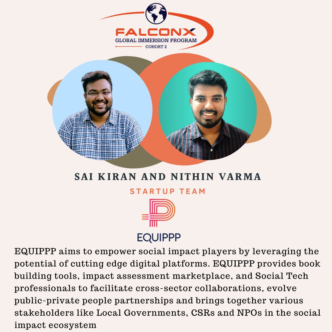 FalconXGateway's tweet photo. FalconX is delighted to announce that the startup team Sai Kiran and Nithin Varma of Equippp will be joining our upcoming cohort of innovative entrepreneurs in the Global Immersion Program #FIXGIP, set to commence on May 8th, 2023. #FXGIPstartups #IntroductionSeries https://t.co/hOIpagTF1W