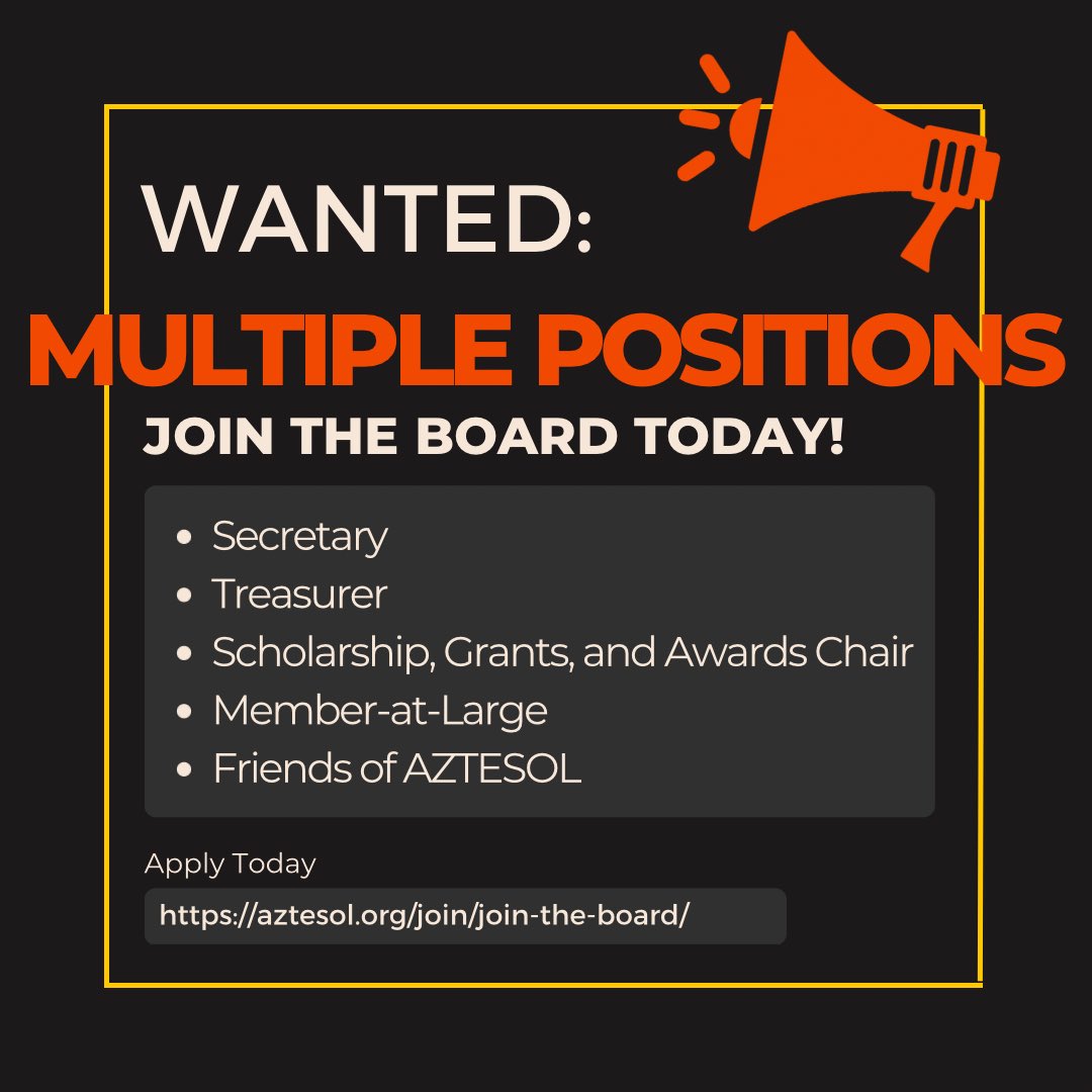 AZTESOL's tweet photo. ATTN MEMBERS! AZTESOL is in need of some new board members! Could it be you? Work is mostly remote! Read full position descriptions and apply online at https://t.co/Ql0j8VPQES
#aztesol #tesol #arizonaeducators #oelas #esl #ell #sei #professionaldevelopmentforteachers #volunteer https://t.co/PCKdTF4rJA