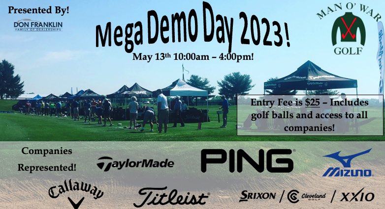 manowargolf's tweet photo. We are not too far away from our annual Mega Demo Day! Next Saturday May 13th from 10:00am - 4:00pm you can try the latest and greatest equipment from all of the major manufacturers for just $25! #thegolfimprovementexperts https://t.co/0VvBiGH9fP