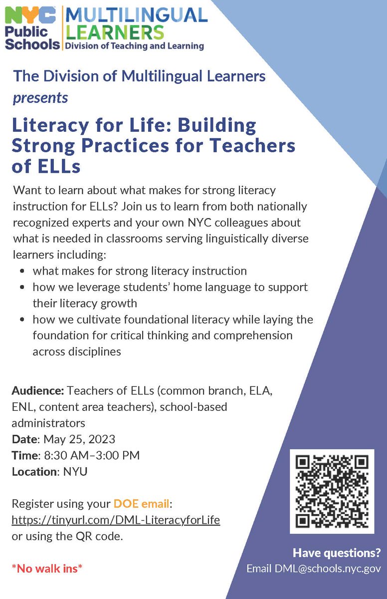 NYCMultilingual's tweet photo. 📚📝 Literacy is a vital skill for student success!

🗣️ Calling all @NYCSchools educators to join us on May 25 for our Literacy for Life conference to learn from nationally recognized experts about strong literacy instruction for ELLs.

💻 Register now! https://t.co/h9yI1InrpB https://t.co/KqecVBt3GQ