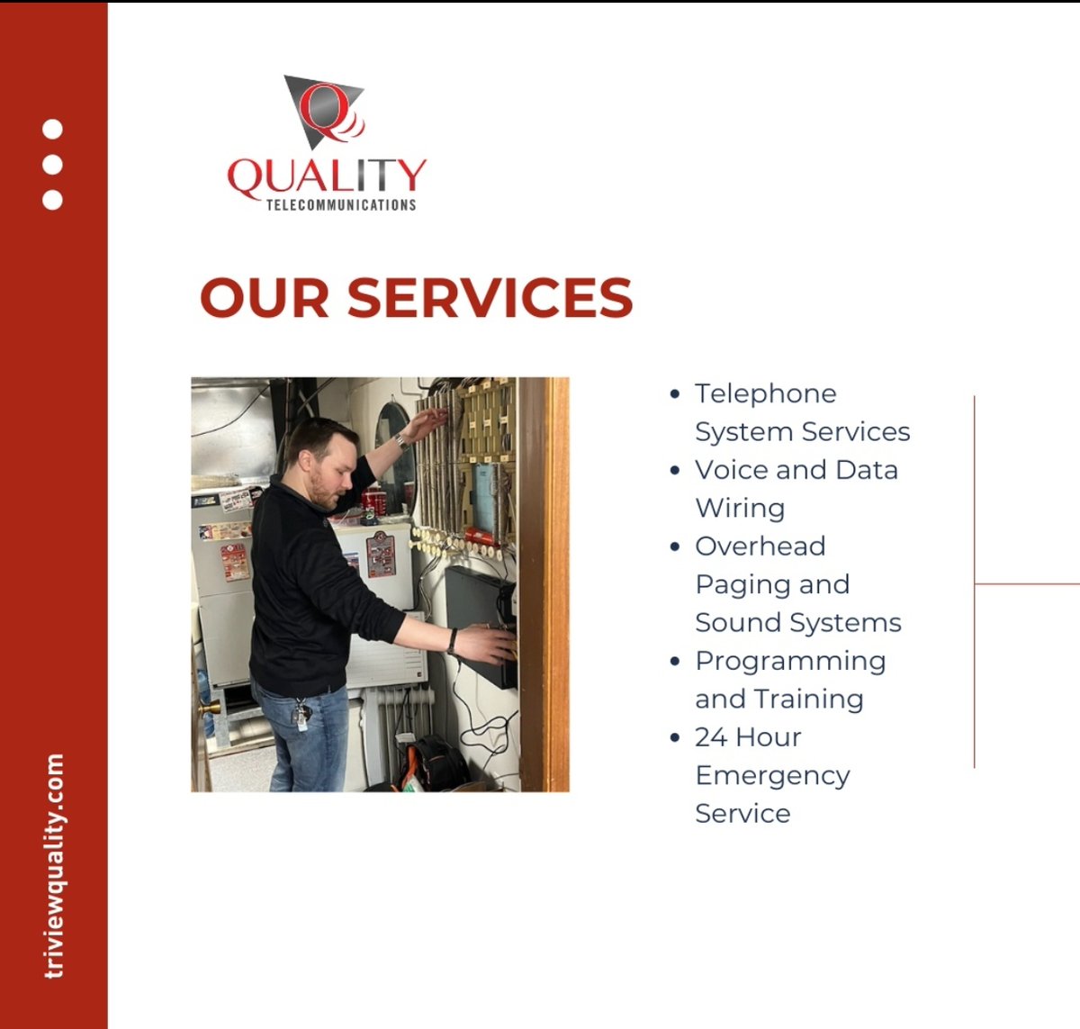Why work with us?

With over 100 years of combined experience, you can rest assured that Quality technicians will always offer you the best solution, service, and support.

Visit our website to learn more: triviewquality.com

#Telecommunications #QualityTelecommunications
